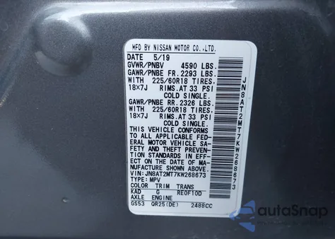 2019 Nissan Rogue Sv z USA, uszkodzony, nr VIN JN8AT2MT7KW268673